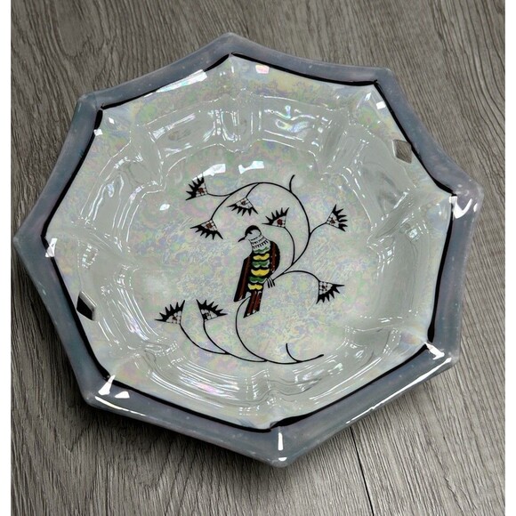 Vintage Porcelain Bowl Dish Floral & Bird Iridescent Opalescent Glaze Japan - Picture 3 of 6